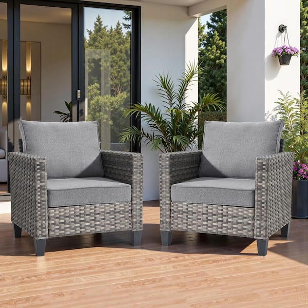Audrey Gray 2-Piece Wicker Single Outdoor Lounge Chair Single Chairs with Dark Gray Cushion for Patio, Deck, Porch