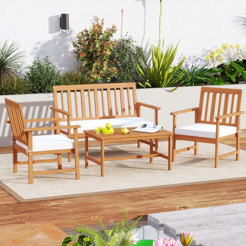 Costway 4-Piece Wood Patio Conversation Set Coffee Table with 2 ...