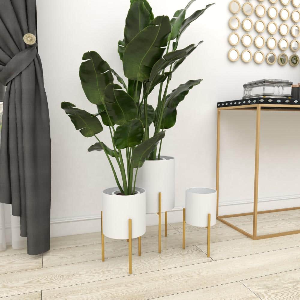 White and Gold Metal Cylinder Floor Planter Set of 3