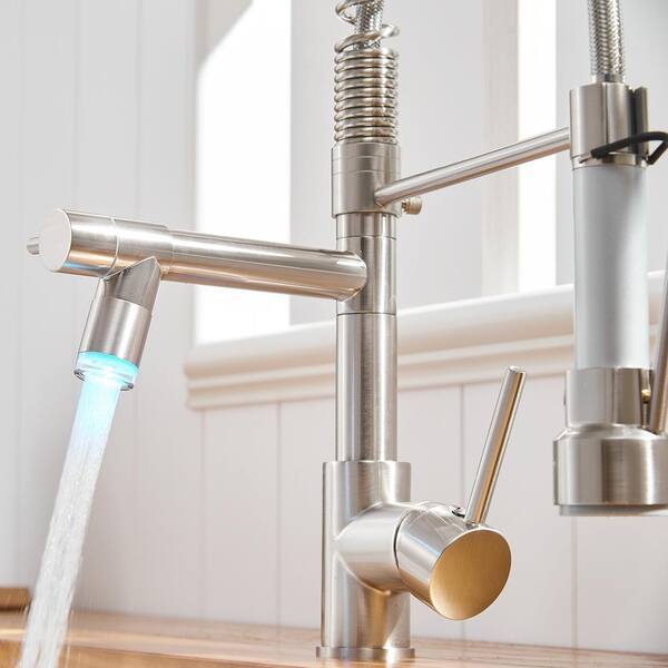 Single Handle Pull Down Sprayer Kitchen Faucet Commercial Spring skin Faucet in Brushed Nickel with LED