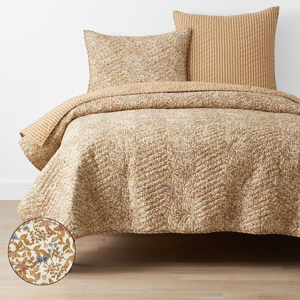 The Company Store Kristina Floral Stripe Taupe Twin Cotton Quilt