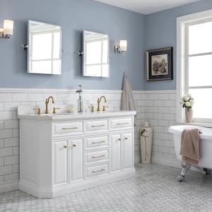 Palace 60 in. W Bath Vanity in Pure White with Quartz Vanity Top with White Basin and Satin Brass Faucets