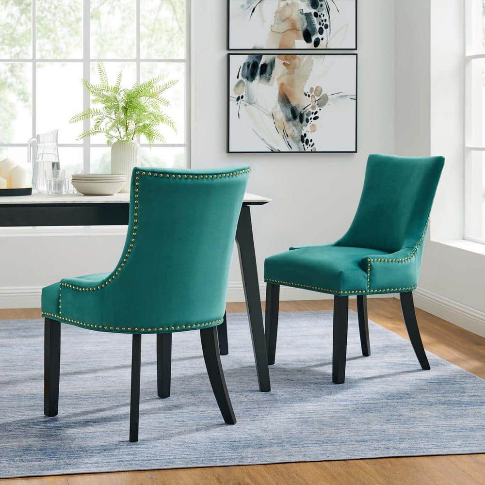 Regal Teal Velvet Upholstered Hourglass Side Chair with Wood Legs