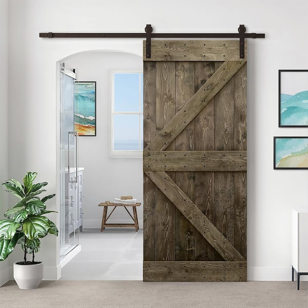 36 in. x 84 in. K-Style Knotty Pine Wood DIY Sliding Barn Door with Hardware Kit