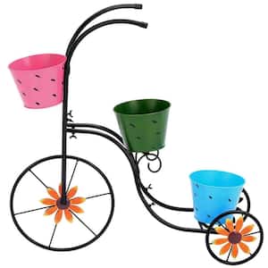 28 in. Metal Tricycle Planter, 3 Tier Floral Flower Plant Stand Holder Hand Painted Outdoor Garden Patio Decor