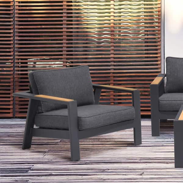 Armen Living Palau Aluminum Outdoor Lounge Chair with Natural Teak Wood Accent and Dark Gray Cushions