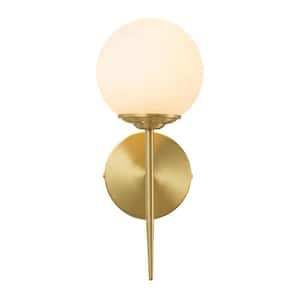 5.4 in. 1-Light Brass Armed Sconce Wall Sconce with White Glass Shade