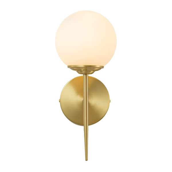 5.4 in. 1-Light Brass Armed Sconce Wall Sconce with White Glass Shade ...