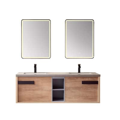 63 in. W x 22 in. D x 21 in. H Double Sink Bath Vanity in N. American Oak with Grey Natural Stone Top and Mirror