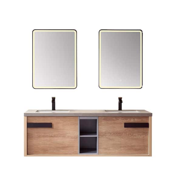 ROSWELL 63 in. W x 22 in. D x 21 in. H Double Sink Bath Vanity in N. American Oak with Grey Natural Stone Top and Mirror