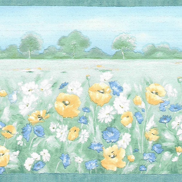 Falkirk Dandy II Green Yellow White Flowers in a Meadow Floral Peel and Stick Wallpaper Border