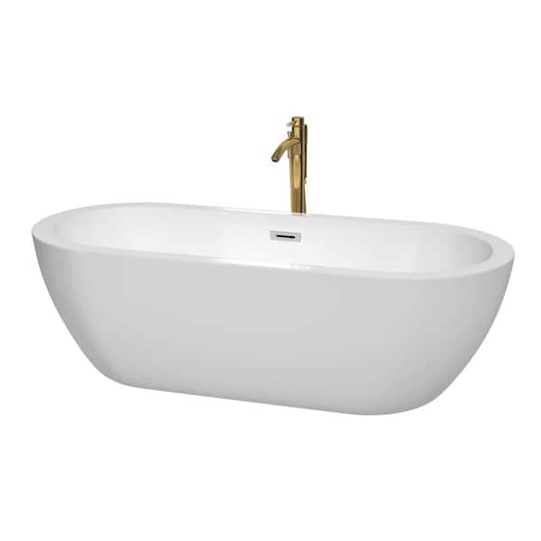 Wyndham Collection Soho 71.5 in. Acrylic Flatbottom Bathtub in White with Polished Chrome Trim and Brushed Gold Faucet