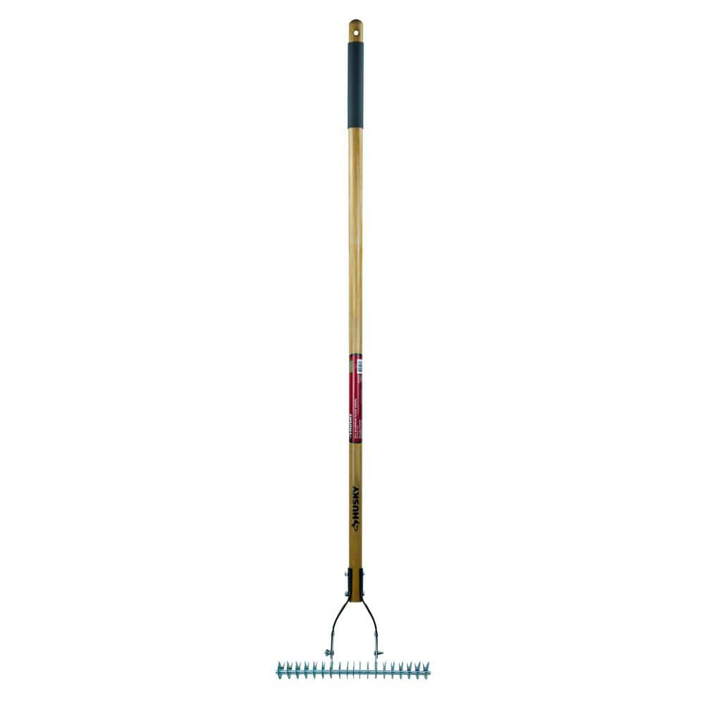 Husky 54 in. Long Wood Handle 19Tine Adjustable Thatch Rake 77113950