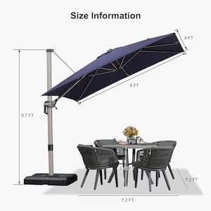 8 ft. Square Outdoor Patio Cantilever Umbrella Light Champagne Aluminum Offset 360° Rotation Umbrella in Navy Blue