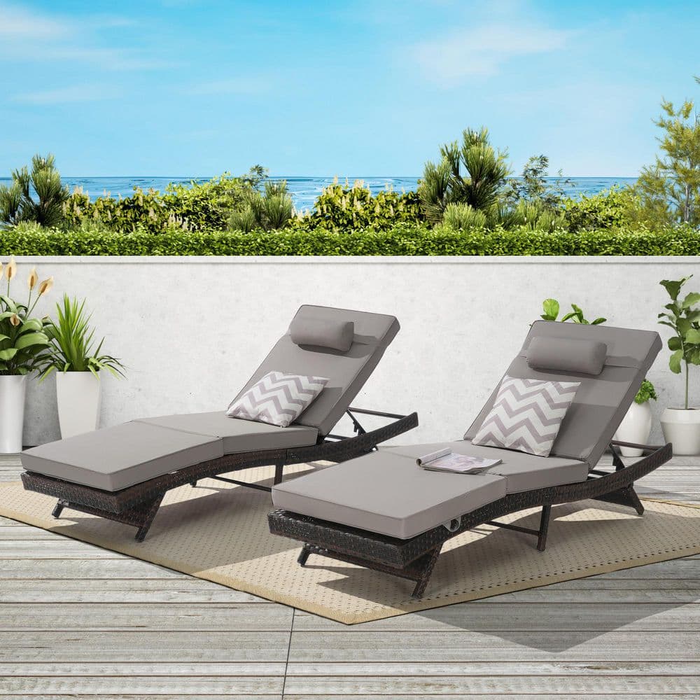 (Set of 2) Brown Rattan Wicker Outdoor Chaise Lounge with Gray Cushions price history on PriceWatchPro