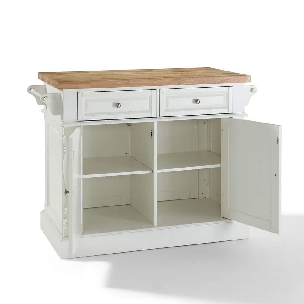 Elegant White Butcher Block Top Kitchen Island with Storage