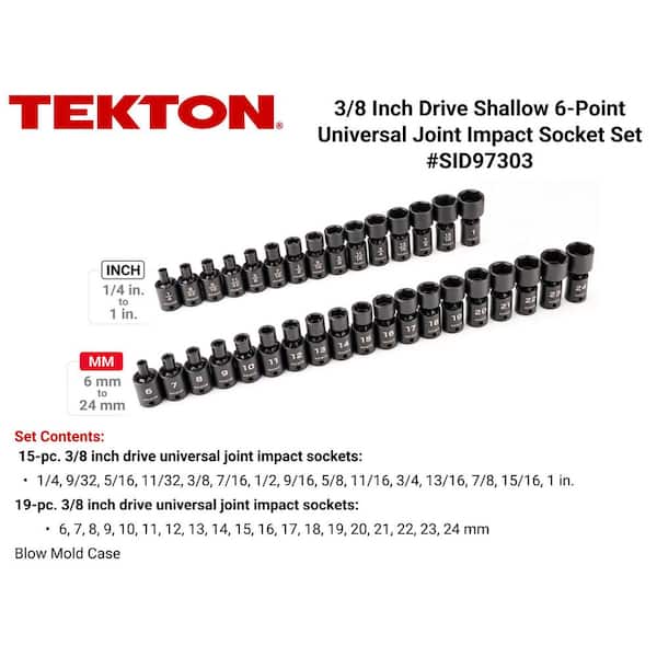 TEKTON 3/8 in. Drive 6-Point Universal Joint Impact Socket Set