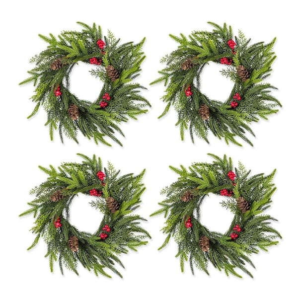 14 in. D Mini PE Dripping Artificial Christmas Wreath with Pinecones and Red Berries (Set of 4)
