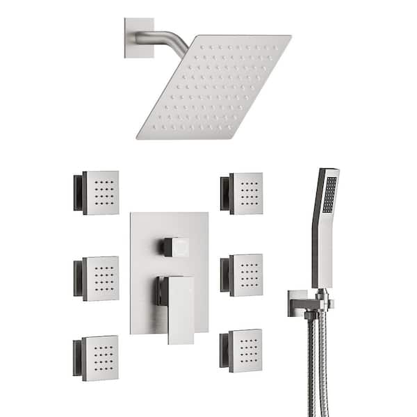 YAWWALK 10 in. 3-Spray Wall Mount Dual Shower Head and Handheld Shower with 6-Jets in Brushed Nickel (Valve Included)