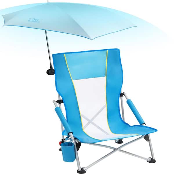 15.3 in. x 20 in. x 28 in. Portable Blue Metal Beach Chair with Umbrella Hold Cup and Storage Bag