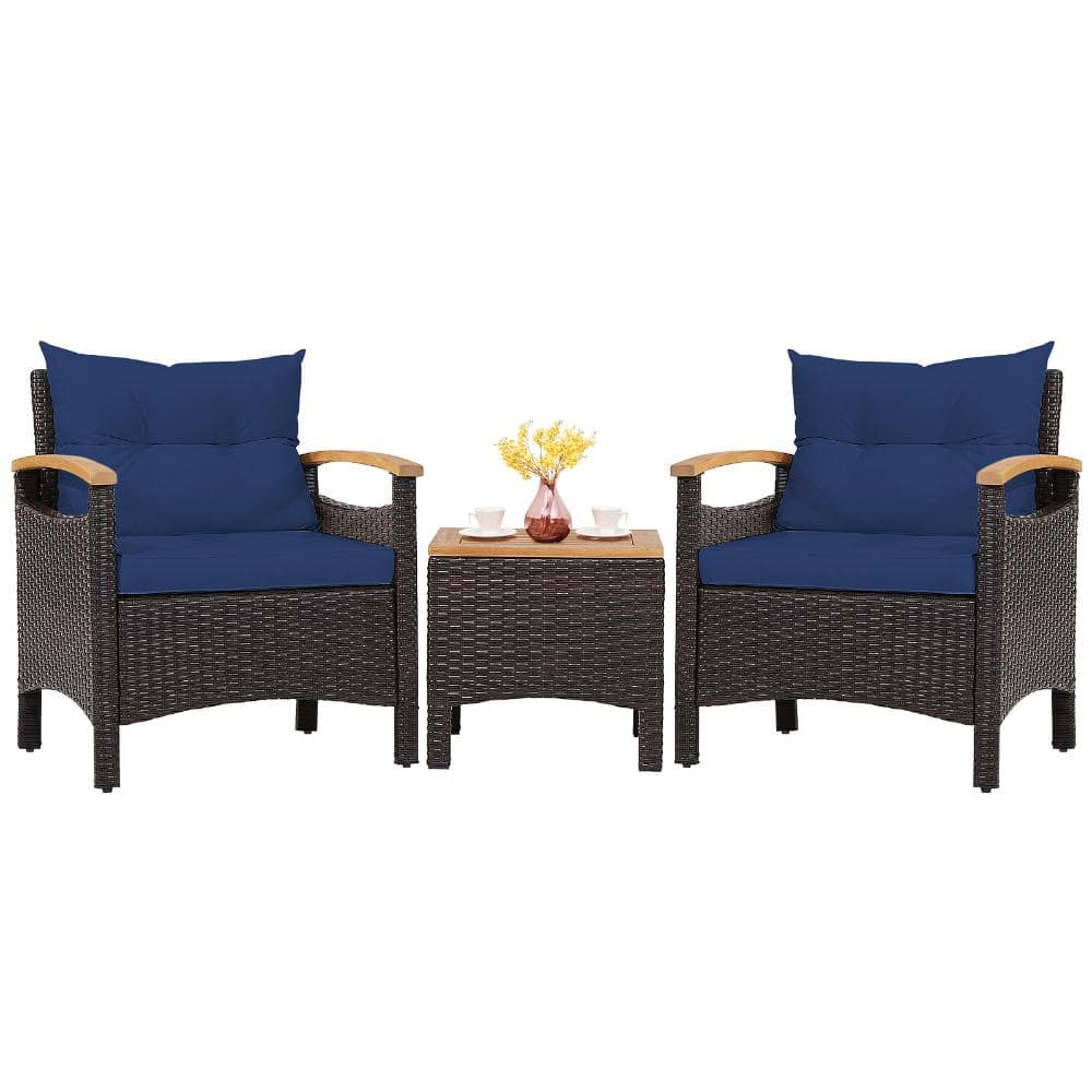 3-Piece Wicker Patio Conversation Set with Navy Removable Cushions and Acacia Wood Top Coffee Table price history on PriceWatchPro