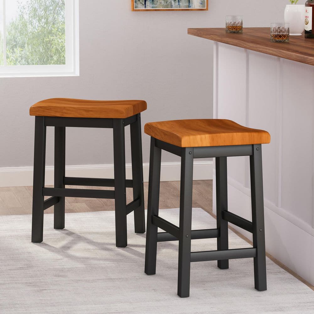 Brown and Black Wooden Saddle Style Backless Counter Stools, 24-Inch Height