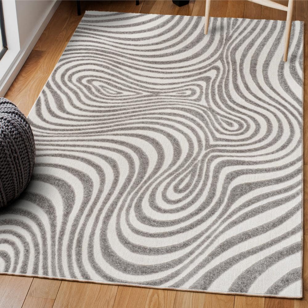 Gray and Ivory 8' x 10' Synthetic Striped Area Rug