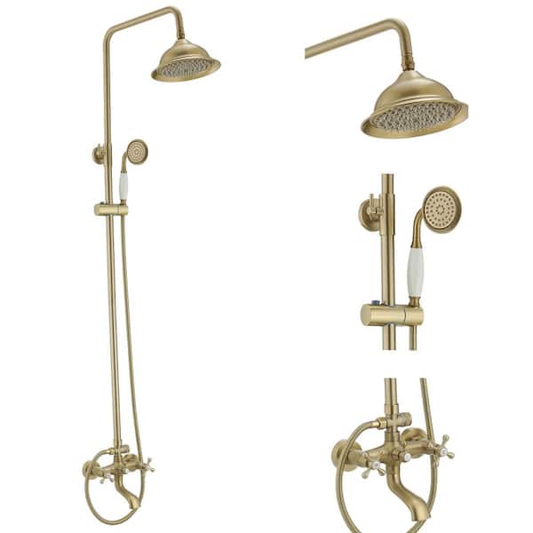 3-Spray Wall Bar Shower Kit with Rainfall Head, Tub Spout and Adjustable Height in Brushed Gold (Valve Included)