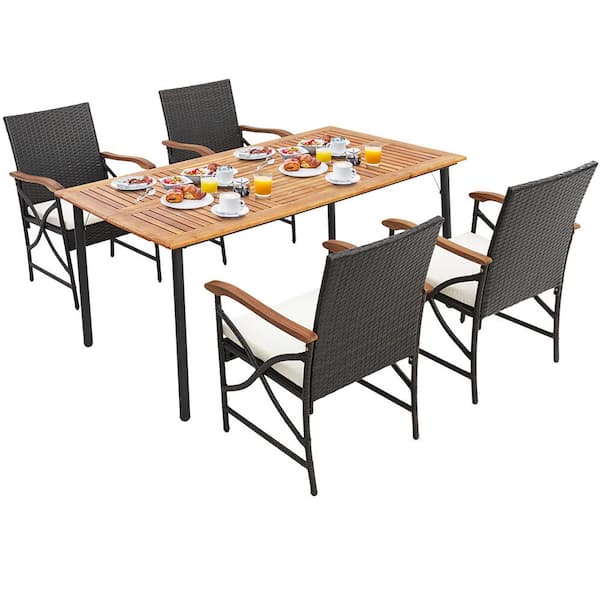 Costway 5-Pieces Wicker Outdoor Dining Set Cushion Armchairs Table with Umbrella Hole and White Cushion