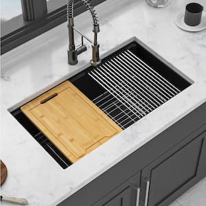 32 in. Undermount Single Bowl Black Quartz Kitchen Sink with Bottom Grids