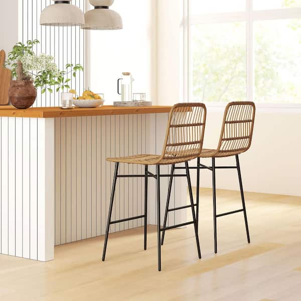 39.8 in. H Brown Counter Height Rattan Bar Stool with Rattan Seat Set of 2, Wicker Barstools with Back, Bar Chairs