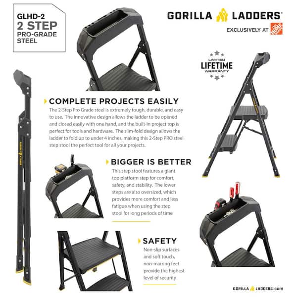 Gorilla Ladders GLS-2CS-2 2-Step Compact Steel Step Stool, 225 lbs. Load  Capacity Type II Duty Rating 