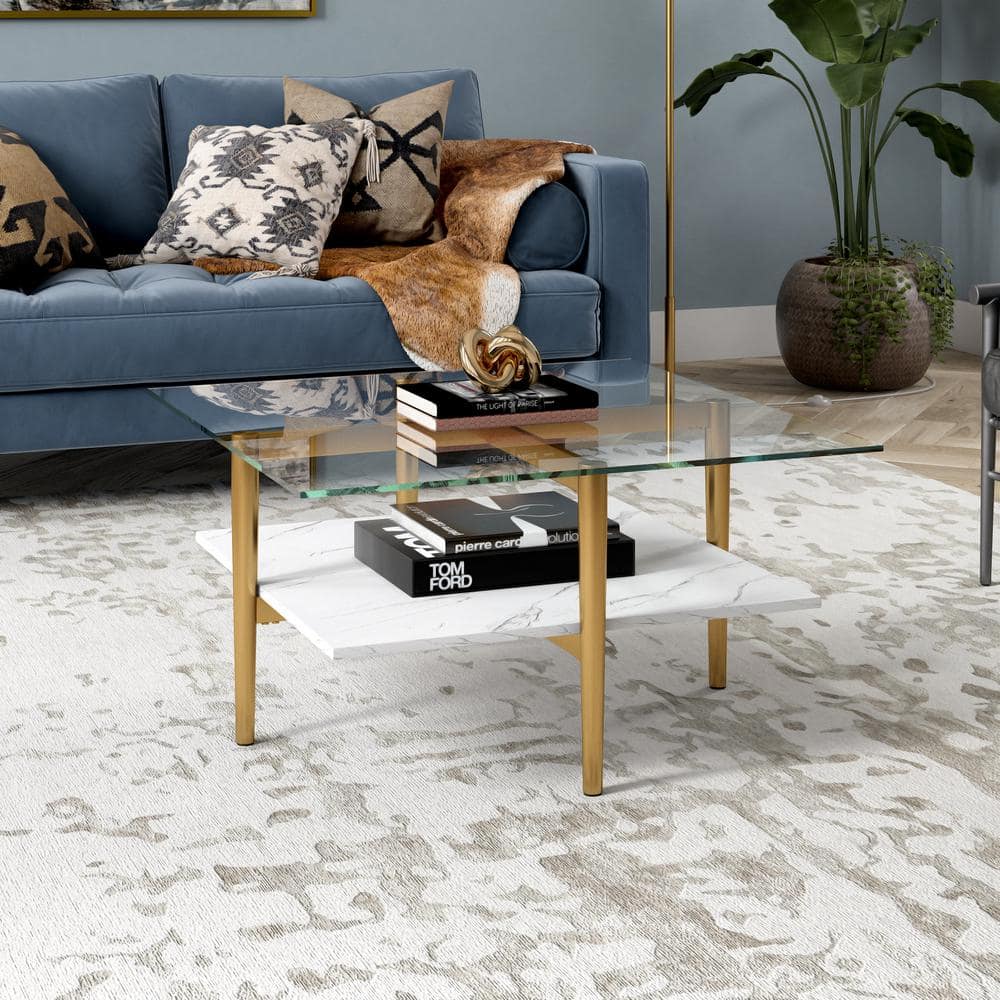 Otto Mid-Century Brass & Faux Marble Square Coffee Table