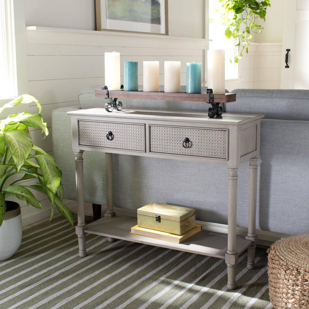 Greige Textured 2-Drawer Metal & Wood Console Table