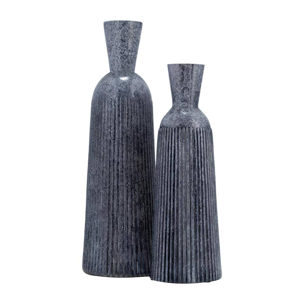 Tall Blue Grooved Glass Vase for Floral Arrangements