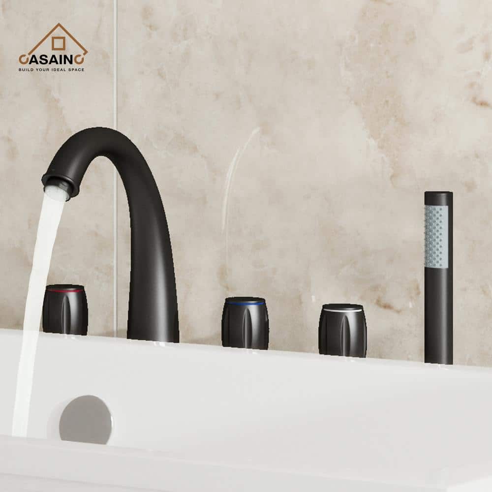 Matte Black Triple Handle Deck Mount Roman Tub Faucet with Hand Shower