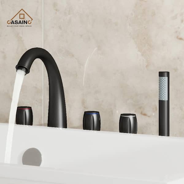 3-Handle Deck Mount Roman Tub Faucet with Hand Shower in Matte Black