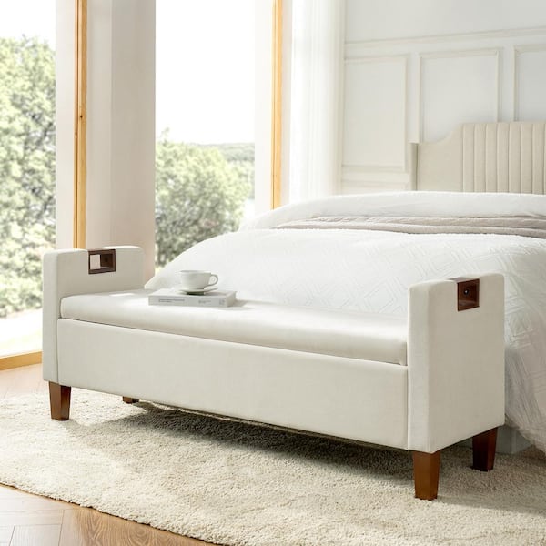 JAYDEN CREATION Telmo Ivory Waterproof Storage Bench with Solid Wood Legs