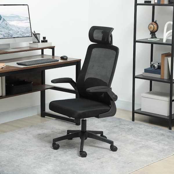Mesh Fabric Adjustable Height, Headrest, Flip Armrests and Lumbar Support Executive Office Chair in Black