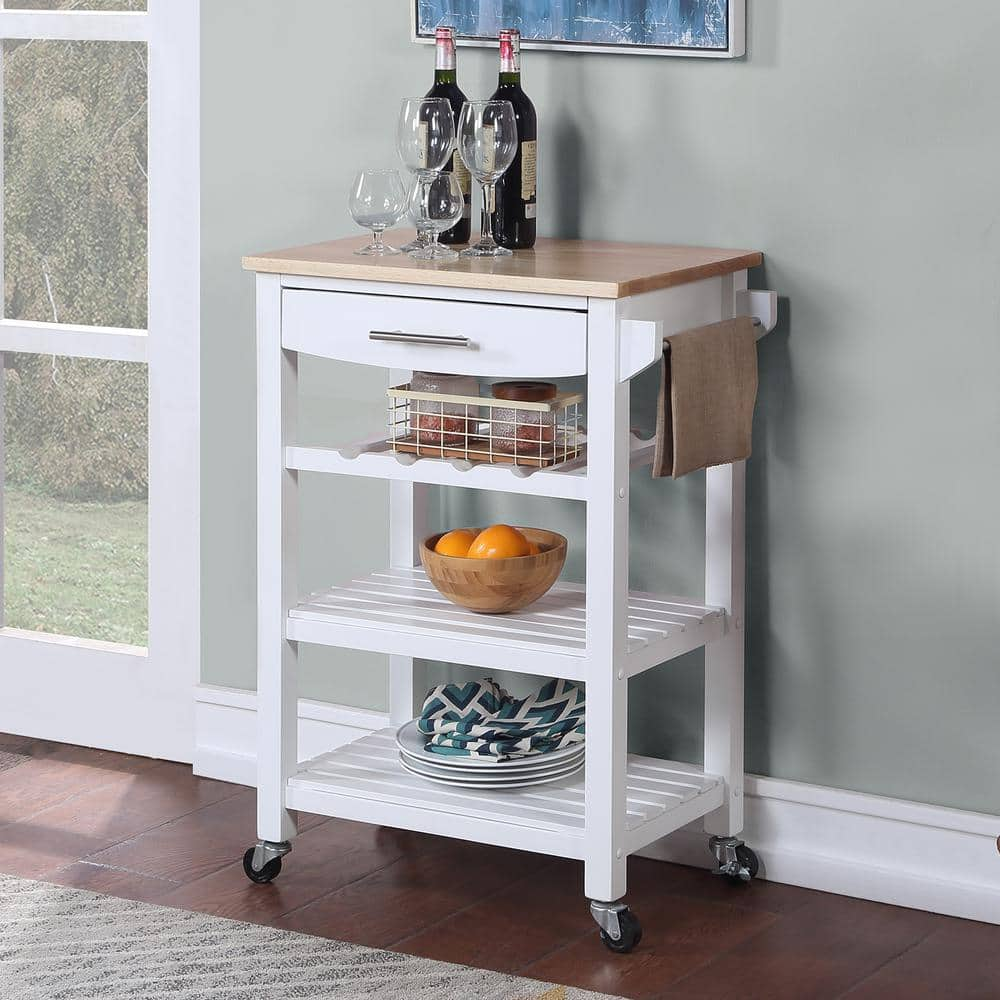 Convenience Concepts Ellaine White Butcher Block Kitchen Cart With Wine 