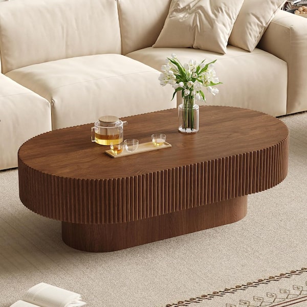 Korwyn Modern 43.3 in. Cream Style Drum Walnut Oval Fluted MDF Coffee Table