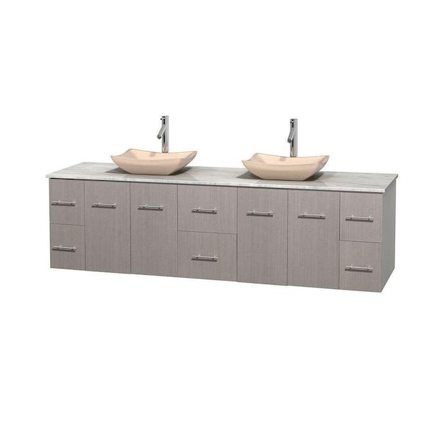 Wyndham Collection Centra 80 in. Double Vanity in Gray Oak with Marble Vanity Top in Carrara White and Sinks