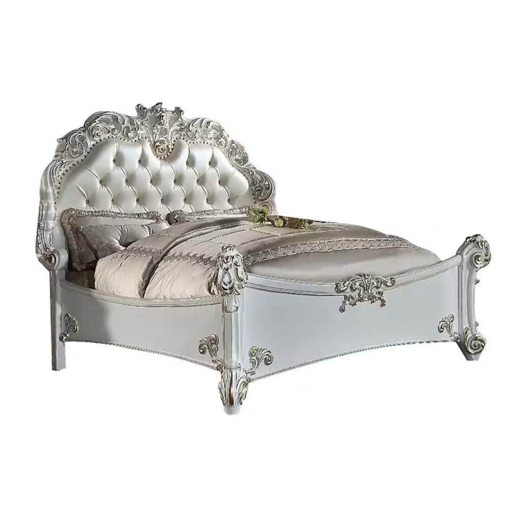 Antoine White and Pearl White Wood Frame King Platform Bed with Upholstered Headboard