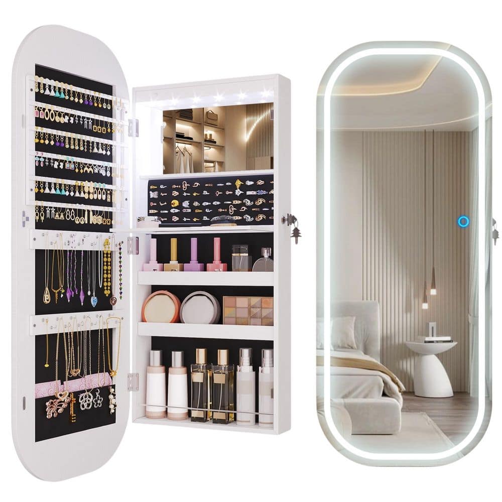 Afoxsos 16 in. Wide White FSC-Certified Wood LED Mirror Jewelry