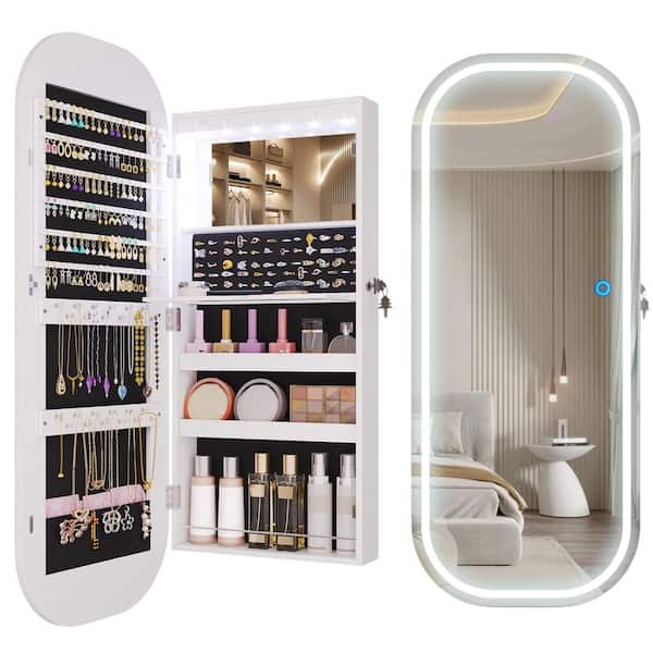 16 in. Wide White FSC-Certified Wood LED Mirror Jewelry Cabinet with Storage, Foldable Shelf, Lockable