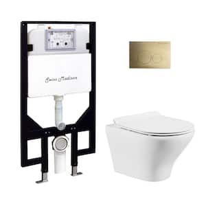 Monaco Wall-Hung Toilet, Elongated, 3-Piece Bundle 0.8/1.6 GPF Dual Flush in Glossy White with Brass Flush Plate