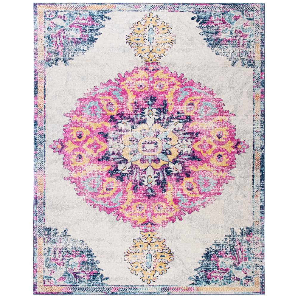 Ivory and Fuchsia Distressed Medallion 8' x 10' Area Rug