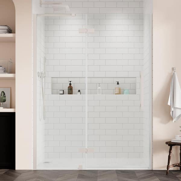 OVE Decors Tampa 55 15/16 in. - 57 11/16 in. W x 72 in. H Pivot Frameless Shower Door in Satin Nickel