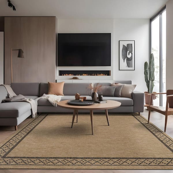 Haven 6 ft. x 9 ft. Natural Border Diamond Washable Easy Jute Modern Indoor Outdoor Area Rug