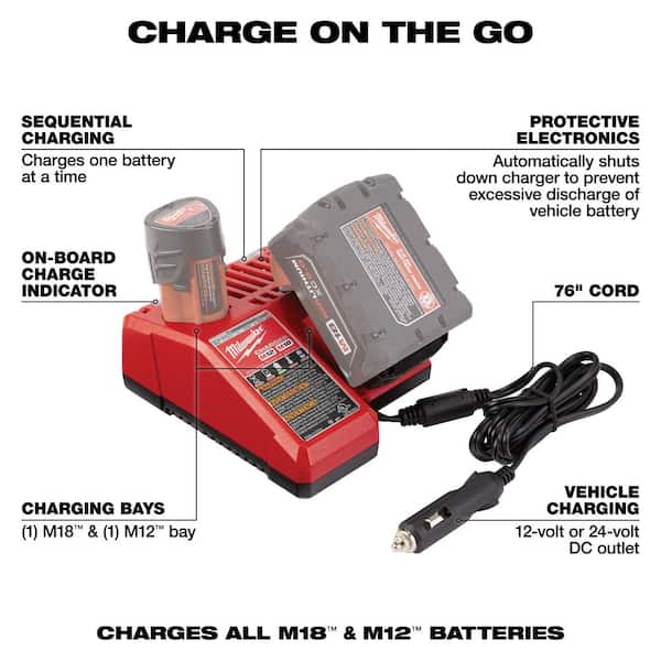 Milwaukee - M12 and M18 12-Volt/18-Volt Lithium-Ion Multi-Voltage 12V DC Vehicle Battery Charger
